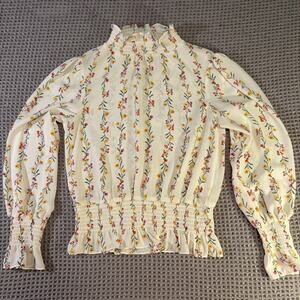 Meraki Ivory Floral Ballon Sleeve Mockneck Blouse Womens Small